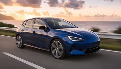 Naklejka premium Blue Electric SUV Driving Along Coastal Road at Sunset with Palm Trees and City Skyline.