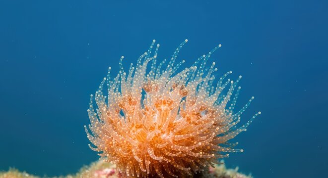 A detailed macro shot reveals vibrant orange and white coral polyps with translucent dotted tentacles swaying in clear blue ocean water, polyps, colorful, white