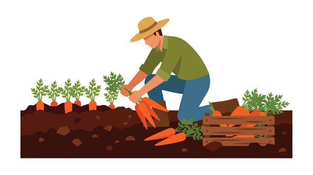 Farmer harvesting fresh organic carrots from the soil in a vegetable garden illustration. A male farm worker picking orange root vegetables into a wooden crate on a white background.