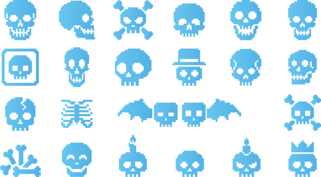 Variety of blue pixel art skulls and crossbones on white background, gothic horror halloween spooky symbols.