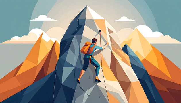 Vertical graphic illustration of a rock climber with stylized geometric rock textures in shades of ochre and gray height emphasis generative AI