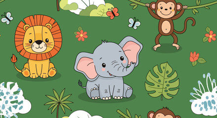 Cute cartoon animals including lion elephant and monkey on green background. © ramaz