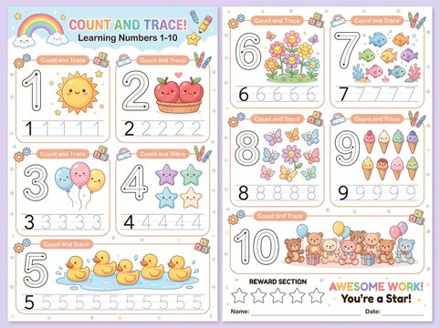 Educational worksheet for children to learn numbers 1-10 with tracing and counting fun