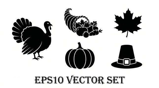 Thanksgiving icons: turkey cornucopia pumpkin maple leaf with pilgrim hat