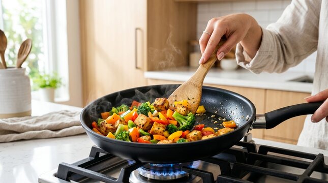 Woman stirring colorful vegan tofu and broccoli vegetable stir fry in a modern kitchen