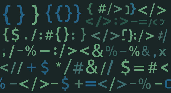 Colorful abstract digital code symbols on dark background representing programming and technology concepts.
