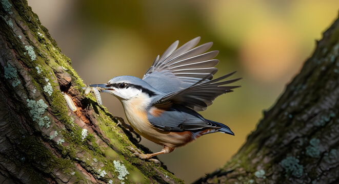 Eurasian Nuthatch perched on a mossy tree branch.