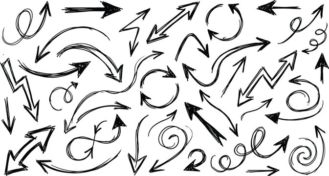 Hand drawn arrow collection black and white sketch style