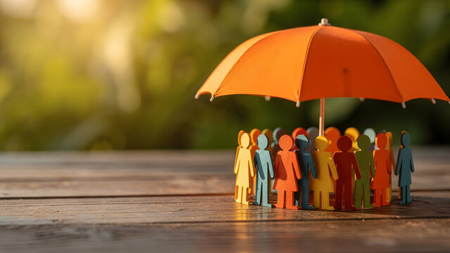 Paper People Under Umbrella Protection Concept