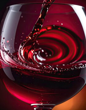 A dramatic close-up captures the swirling motion of red wine being poured into a glass.