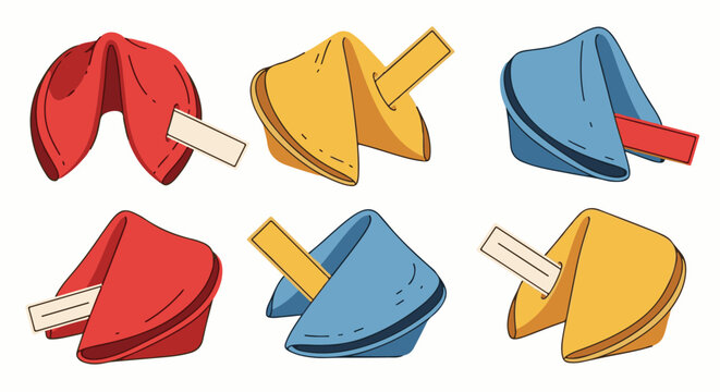 Six stylized fortune cookies in red, yellow, and blue colors, with paper slips