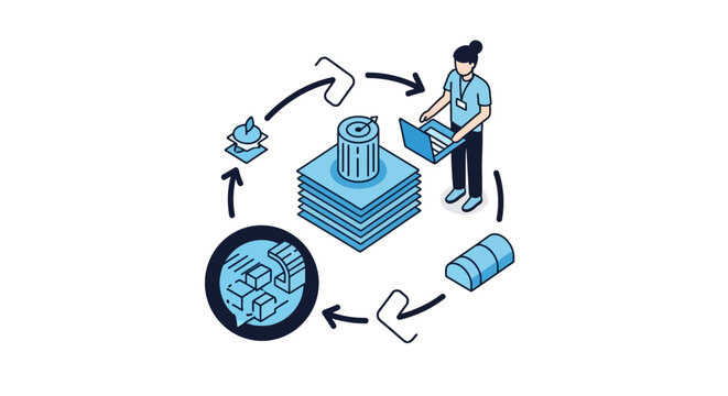 Illustration of circular process involving recycling and manufacturing with human figure.