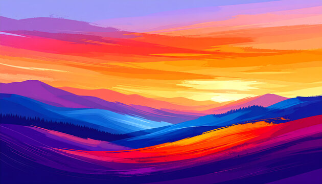 Large singular impasto brushstroke rendered as a crisp vector graphic showing visible bristle texture with sunset orange violet colors generative AI