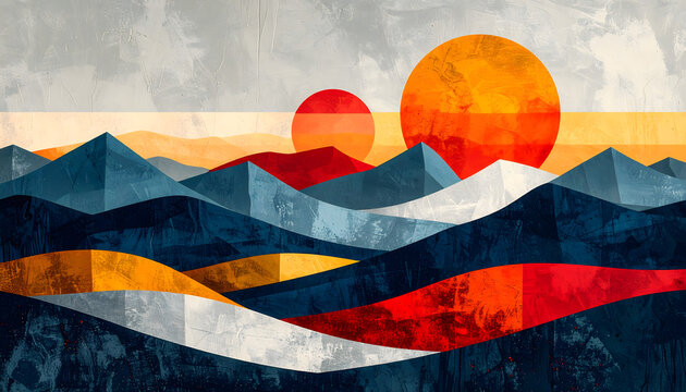 Landscape painting deconstructed into Bauhaus style geometric shapes primary colors and basic forms representing mountains and sun minimalist generative AI