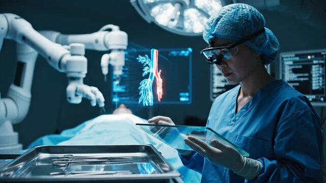 Surgeon uses holographic tablet reviewing lung display during robotic surgery. Doctor analyzes bronchial data with robot assistance. Surgeon operates with lung hologram. Robotic surgery in hospital.