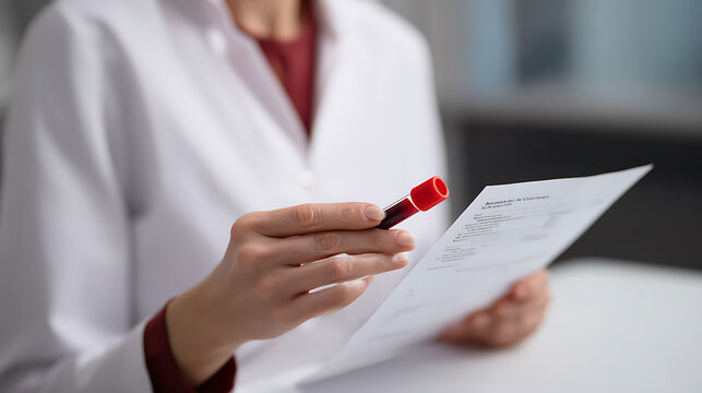 Medical professional review sample and document for diagnostic purposes in laboratory or clinic setting, healthcare concept