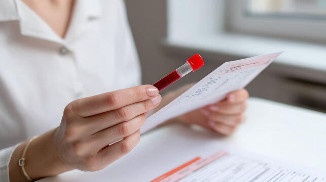 Medical professional review sample and report, hands hold vial and document for analysis, focus on health, diagnosis, and treatment plan