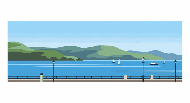 Serene bay with sailboats, mountains, and a waterfront promenade