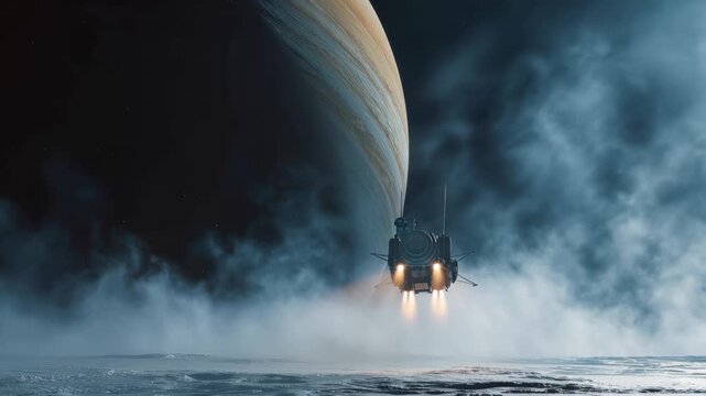 Deep space probe travels towards distant icy moon in a vast region of space while flying near a large gas giant