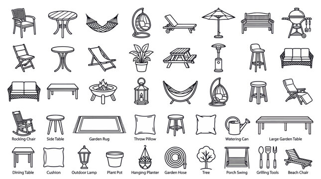 Black and white outdoor patio furniture icon set, 40 vector icons featuring patio chair, garden table, hammock, swing chair, sun lounger, umbrella, outdoor bench, barbecue table, clean outline design