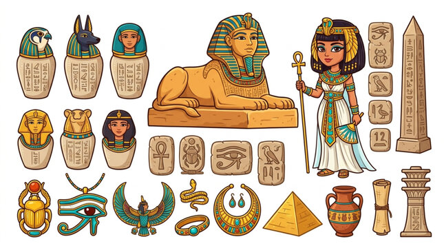 Ancient Egyptian Symbols and Figures Collection.