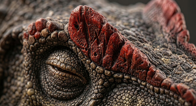 &nbsp;An extreme macro photograph focusing on the bony crests above the Allosaurus's eyes. The shot highlights the weathered, porous texture of the bone and the surrounding non-overlapping scales. 