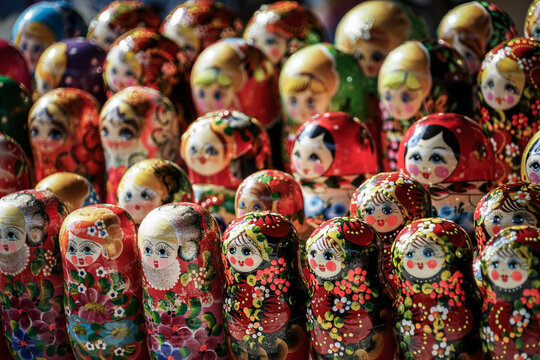Patterns of cute colorful nesting babushka dolls for sale in a market in Yerevan Armenia