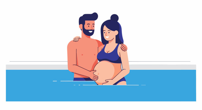 Pregnant woman and partner embrace in pool