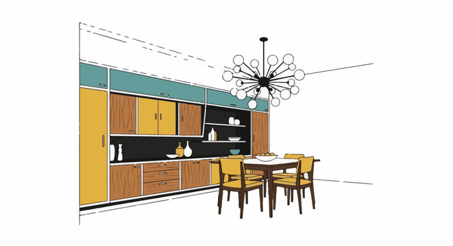 Retro kitchen and dining area with modular cabinets and Sputnik chandelier