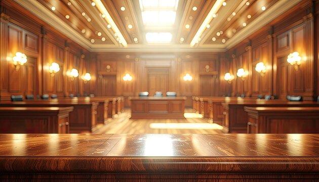 A grand, ornate courtroom interior features rich wood paneling, rows of seating, and a bright skylight, creating a sense of formality and justice.