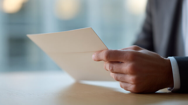 Professional man in suit hold blank paper document; review business report, resume, contract. Corporate office background with blurred depth of field