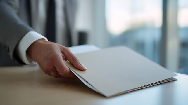 Professional hands present documents in business setting; close-up of a person in a suit handing over a folder on an office desk, signifying important paperwork