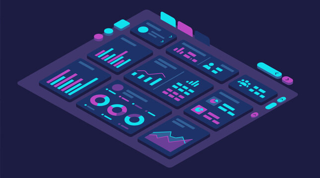 Abstract 3D data visualization layers with graphs and charts on dark futuristic interface for technology business presentation scientific analysis and digital innovation concept
