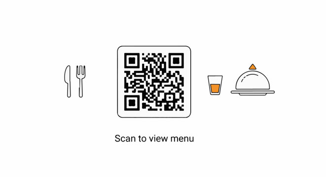 QR code links to a menu with cutlery, drink, and covered dish icons