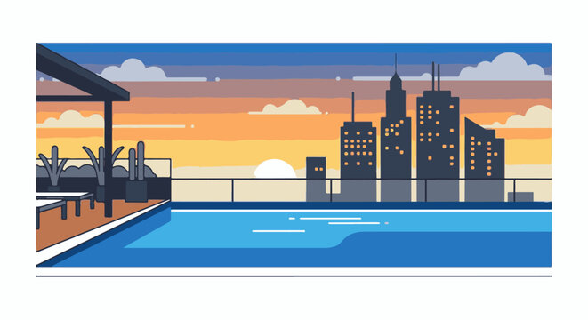 Rooftop pool overlooking a city skyline at sunset with clouds