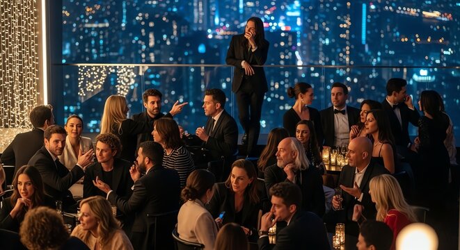 Elegant people socializing at a rooftop cocktail party.