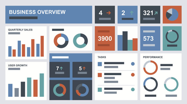 Business Overview Dashboard with Tasks Metrics Tiles Charts and KPI Data Visualization, Colorful Project Management Performance Report