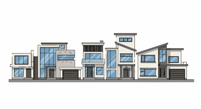 Row of modern, multi-story houses with large windows and garages