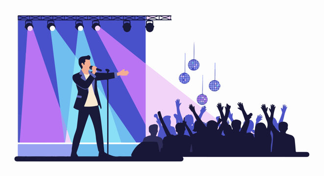 Singer performs on stage with disco balls and cheering crowd