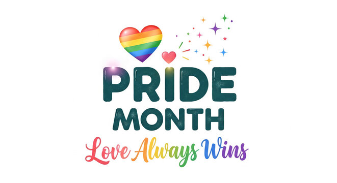 Rainbow heart and stars above bold text "PRIDE MONTH", with "Love Always Wins" below, representing LGBTQ+ pride and acceptance.