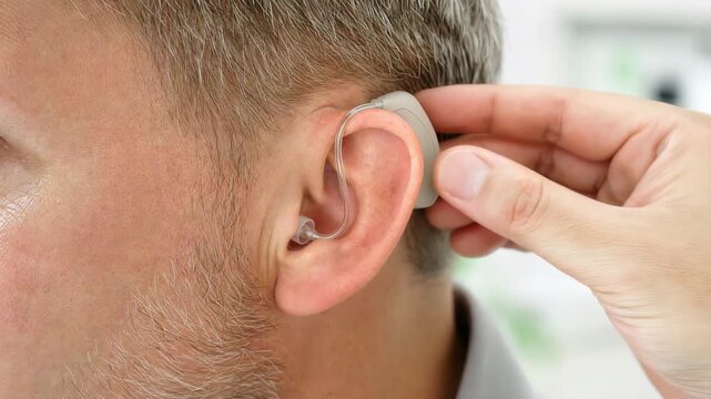 Man adjusting hearing aid close up portrait