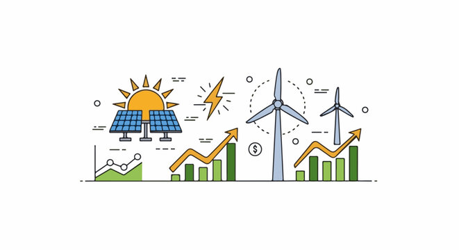 Renewable energy growth represented by solar panels, wind turbines, graphs