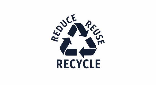 Recycling symbol with words "reduce", "reuse", "recycle" in dark blue