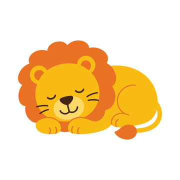Cute cartoon lion sleeping peacefully on a white background.