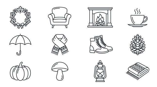 Black and white line drawing of various autumn and winter themed icons including decorations, furniture, clothing, footwear, and objects