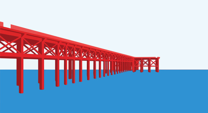 Red abstract geometric pier structure over blue water under white sky