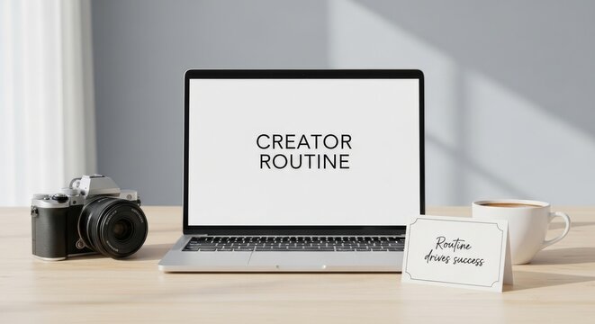 Laptop with 'Creator Routine' text, camera, coffee, and note on desk