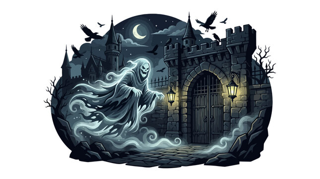 Spooky ghost woman floating in front of a haunted medieval castle with bats flying, a full moon shining, and a creepy atmosphere on a dark and stormy night.