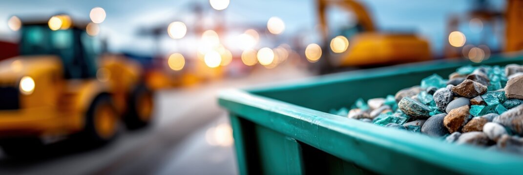 Green construction dumpster filled with wood scraps and rubble at urban worksite with excavator