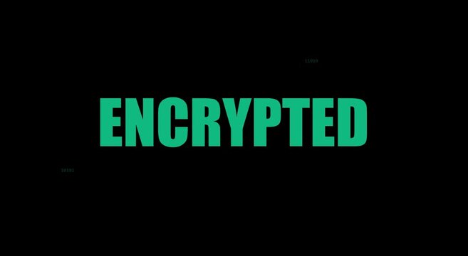 Encrypted digital data security concept with green matrix code animation